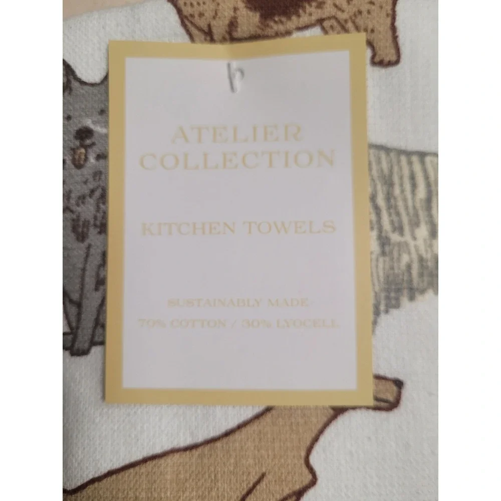 Atelier Collection Designer Doggie Motif Kitchen Towels Cotton Lyocell Set/2 NEW